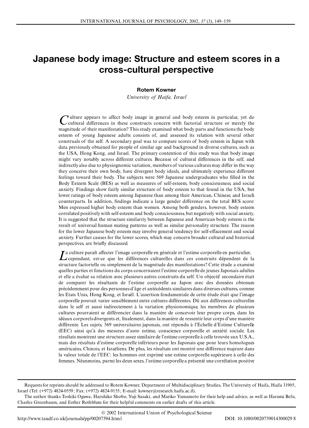 Japanese Body Image: Structure and Esteem Scores in a Cross-Cultural Perspective