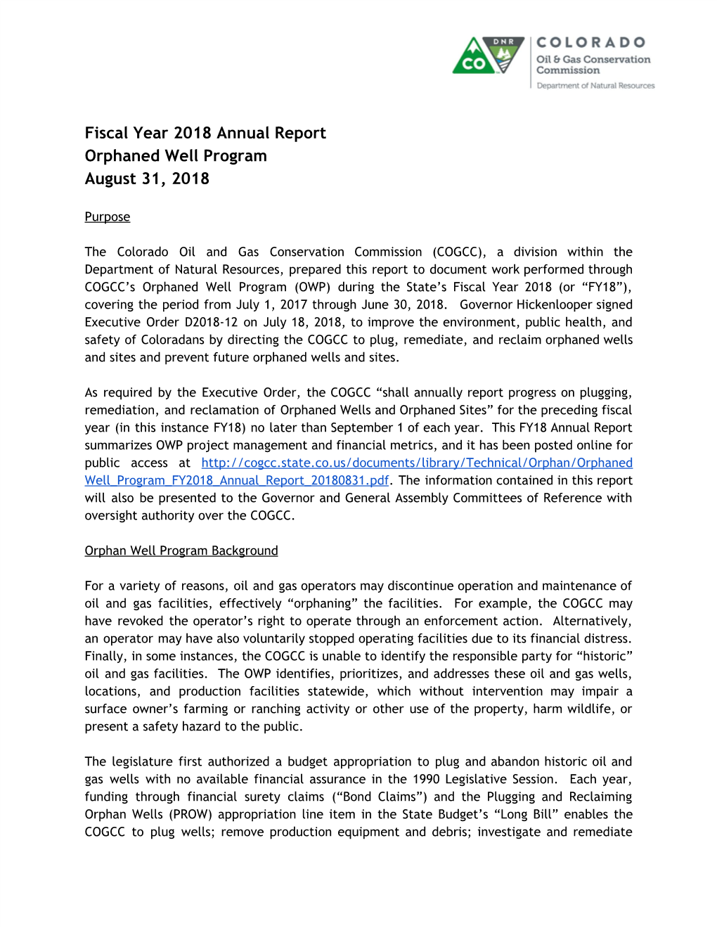 Fiscal Year 2018 Annual Report Orphaned Well Program August 31, 2018