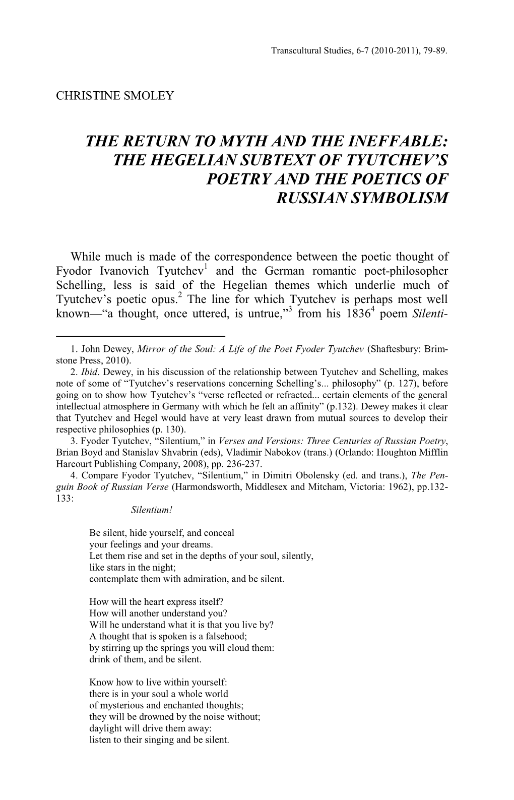 The Hegelian Subtext of Tyutchev's Poetry and The