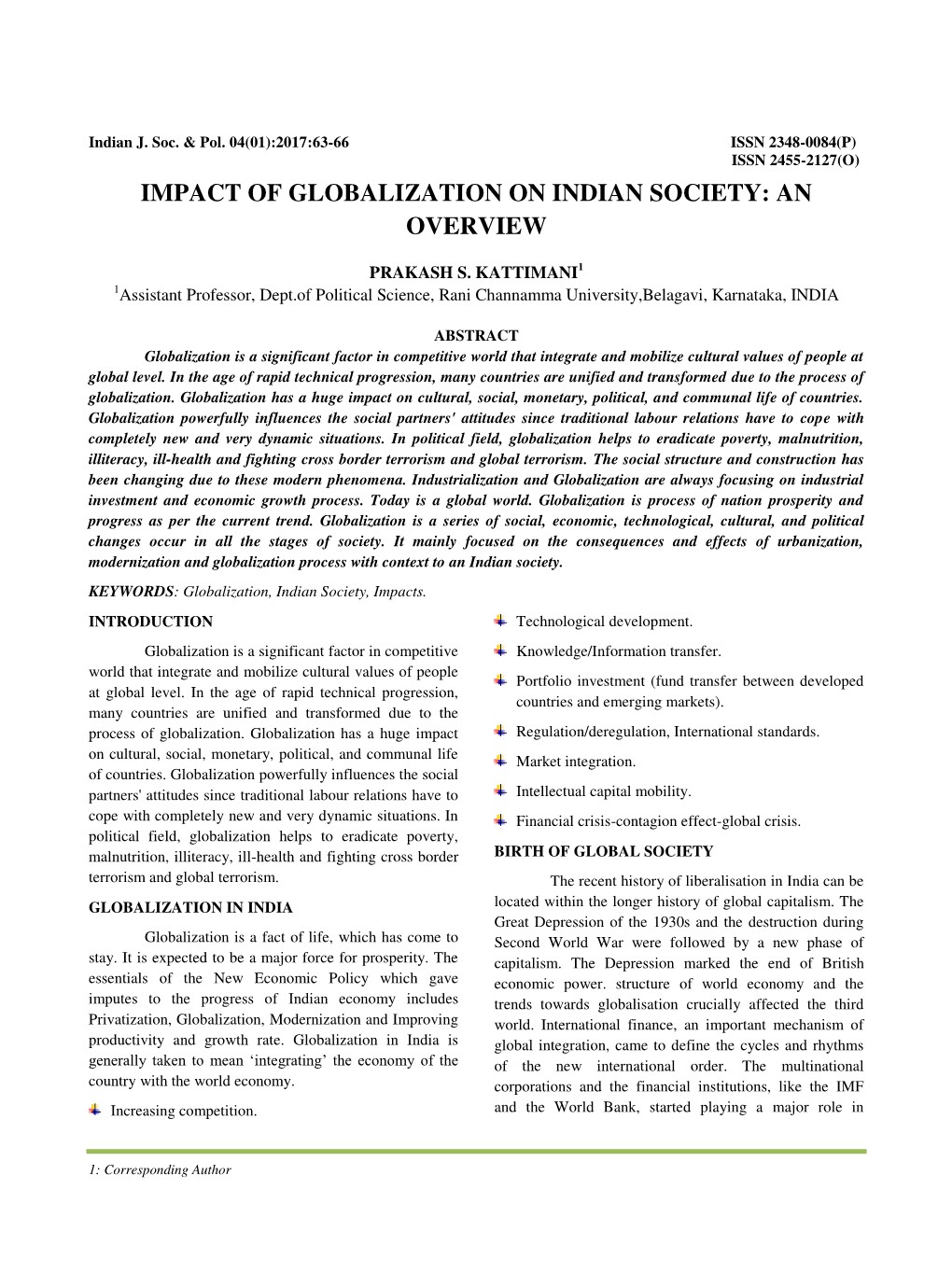 Impact of Globalization on Indian Society: an Overview