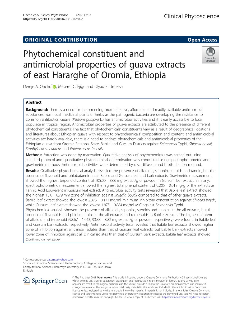 Phytochemical Constituent and Antimicrobial Properties of Guava Extracts of East Hararghe of Oromia, Ethiopia Dereje A
