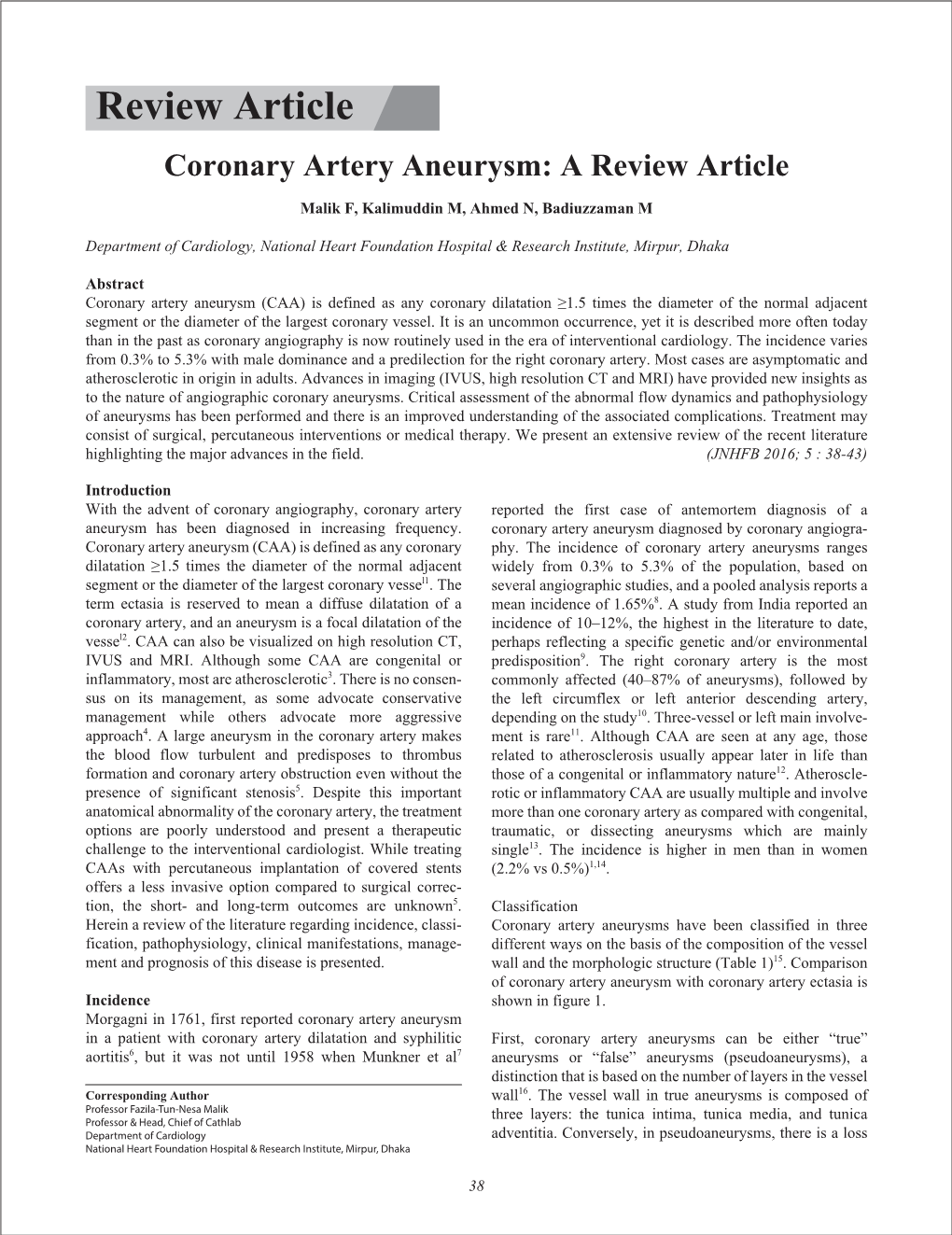 Articles Review Article Coronary Artery Aneurysm