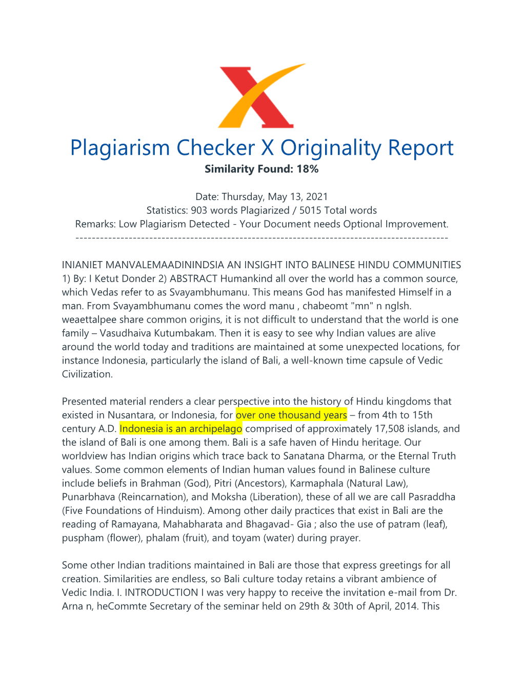 Plagiarism Checker X Originality Report Similarity Found: 18%