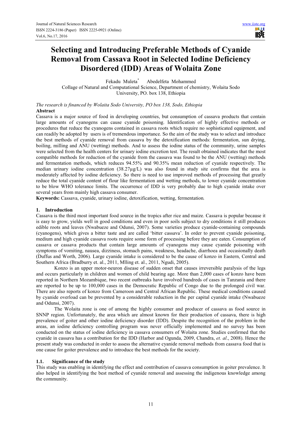 Selecting and Introducing Preferable Methods of Cyanide Removal from Cassava Root in Selected Iodine Deficiency Disordered (IDD) Areas of Wolaita Zone