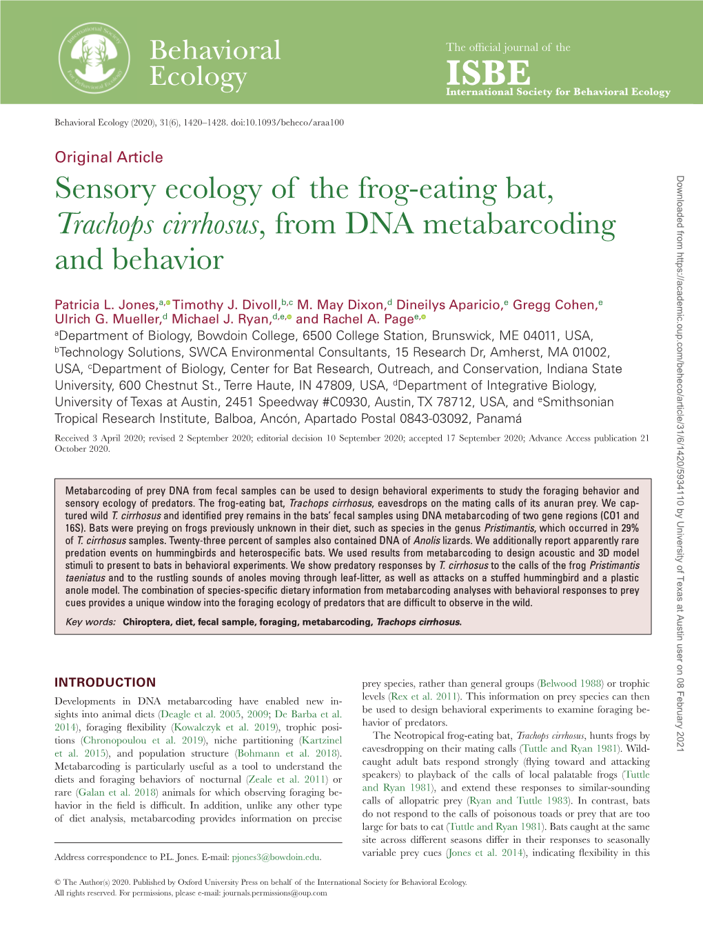 Sensory Ecology of the Frog-Eating Bat, Trachops Cirrhosus, from DNA