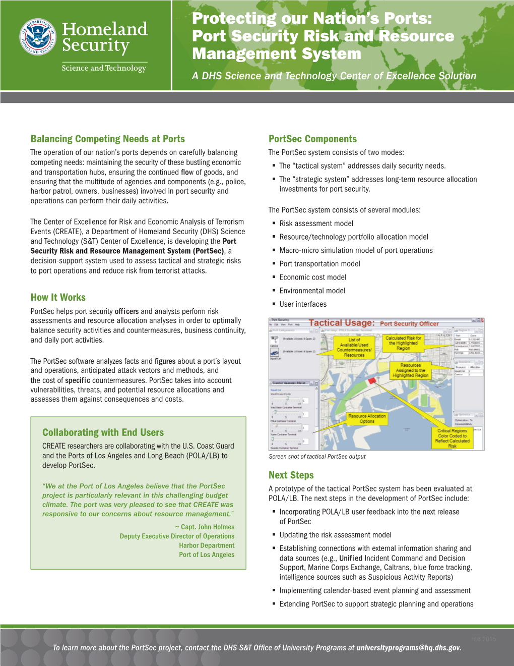 Port Security Risk and Resource Management System Fact Sheet