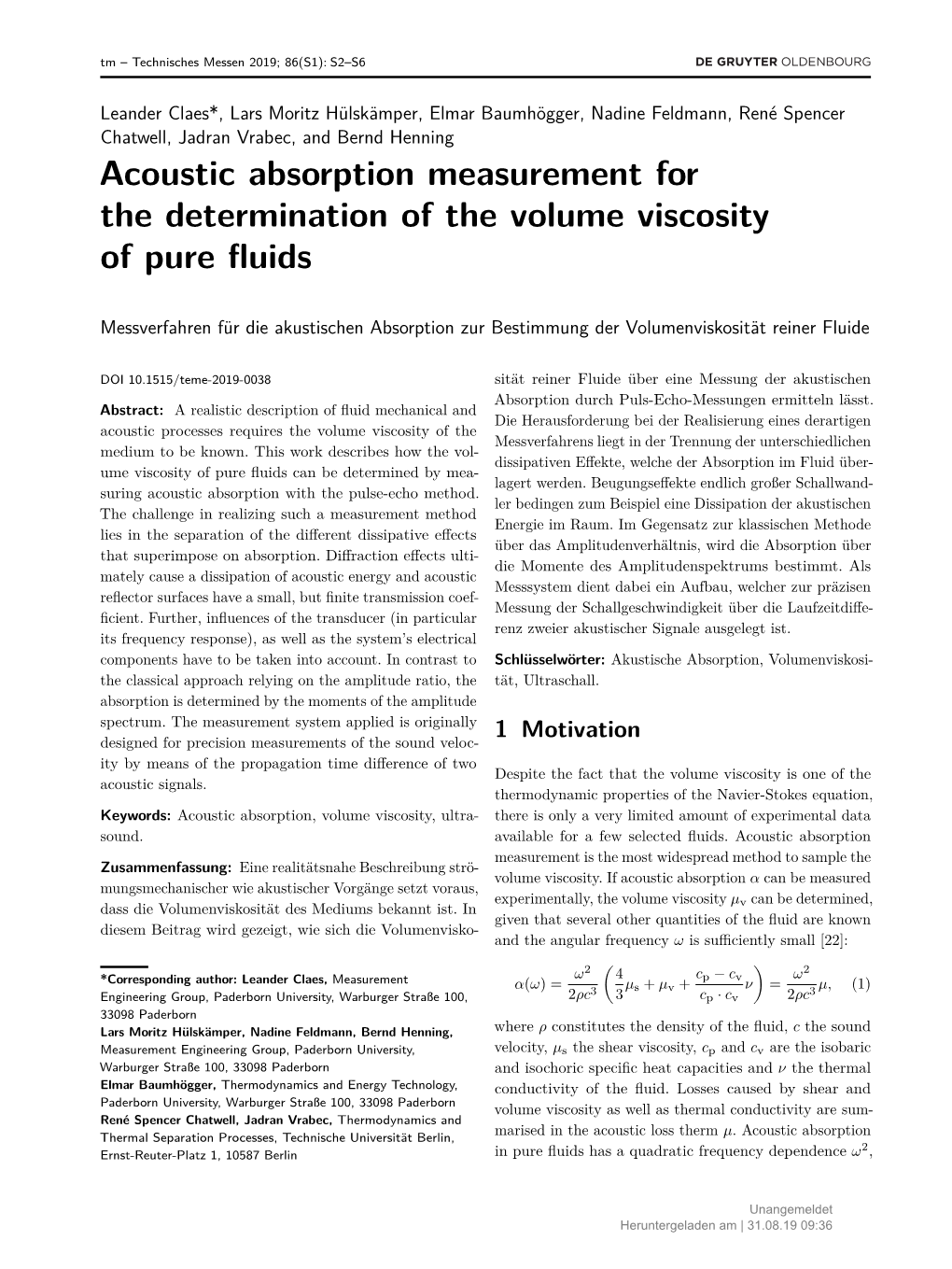 Acoustic Absorption Measurement for the Determination of the Volume Viscosity of Pure Fluids