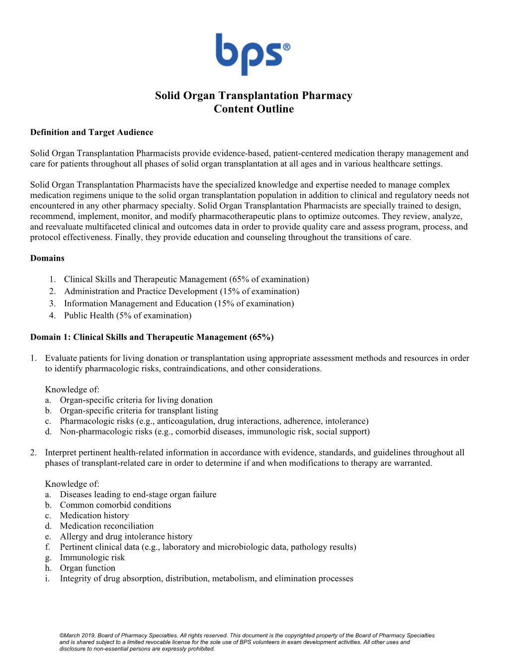 BPS Solid Organ Transplantation Pharmacy Content Outline