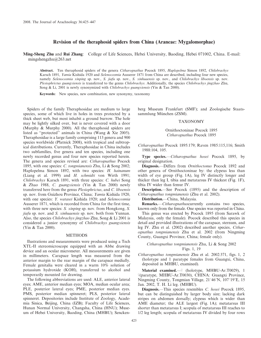 Revision of the Theraphosid Spiders from China (Araneae: Mygalomorphae)