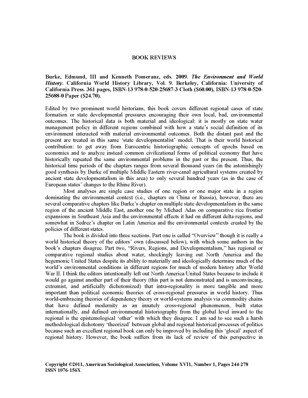 BOOK REVIEWS Burke, Edmund, III and Kenneth Pomeranz, Eds. 2009. the Environment and World History. California World History