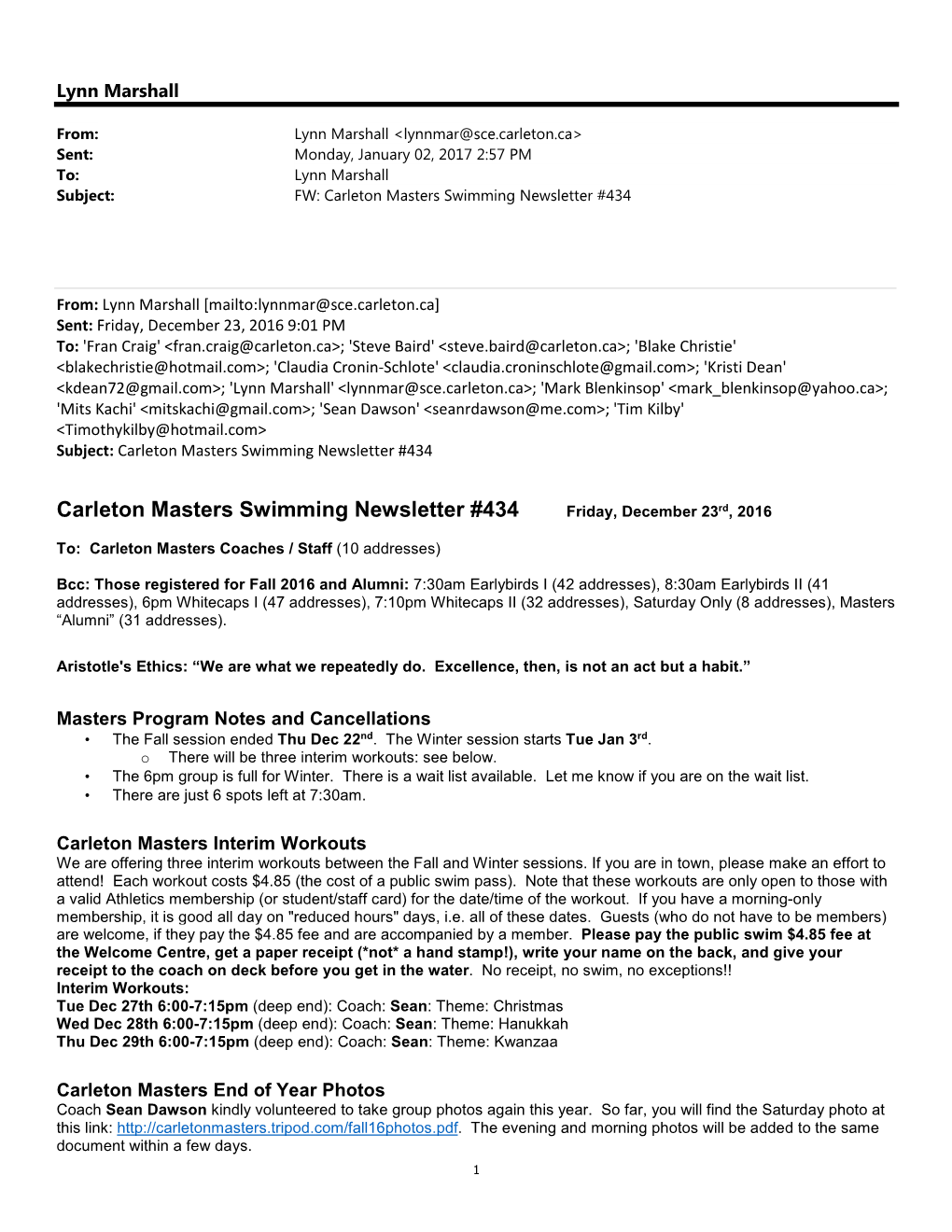 Carleton Masters Swimming Newsletter #434