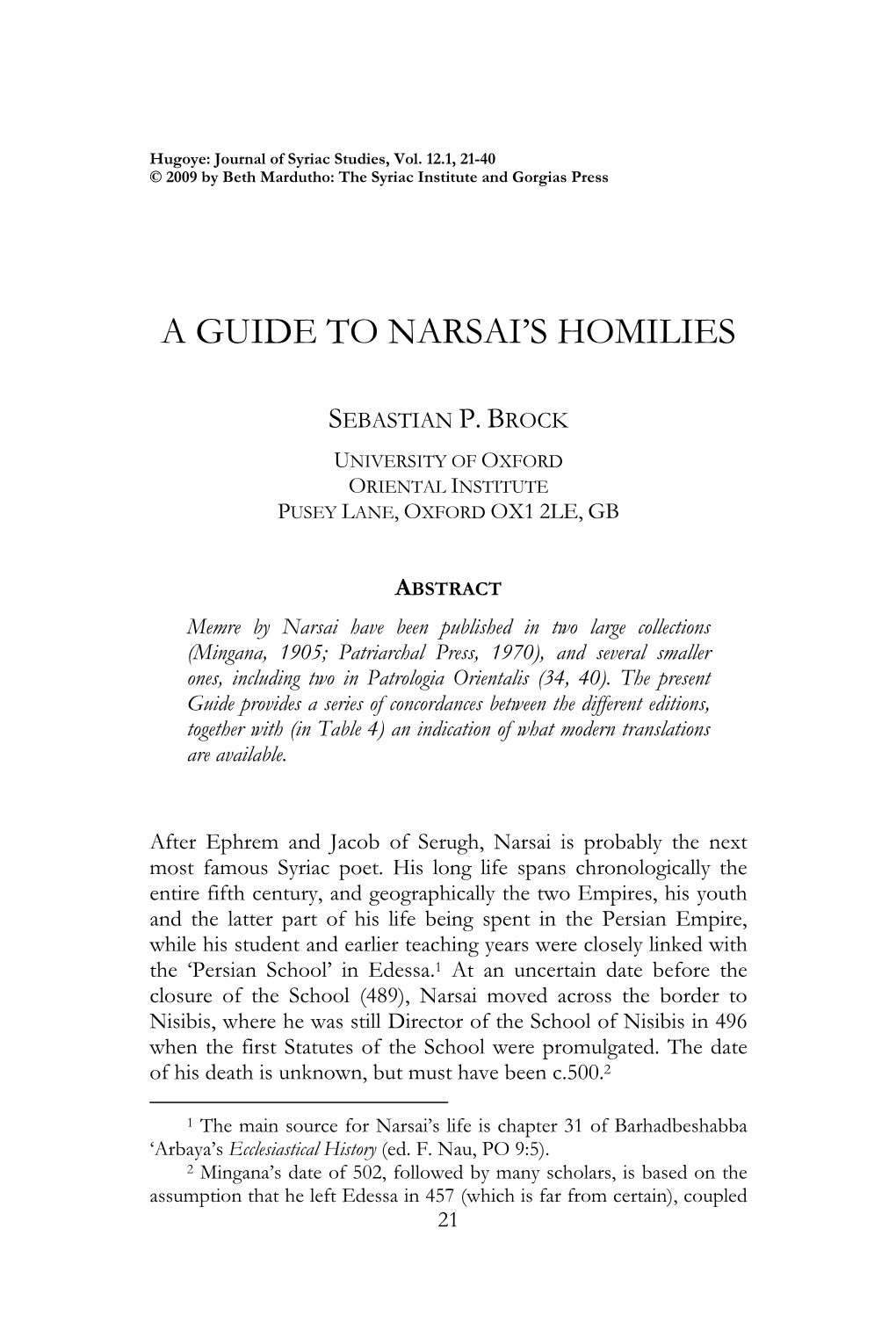 A Guide to Narsai's Homilies