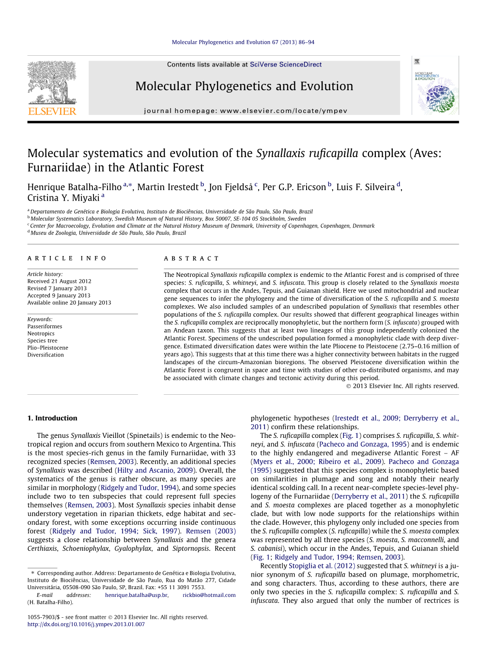 Molecular Systematics and Evolution of the Synallaxis Ruficapilla Complex