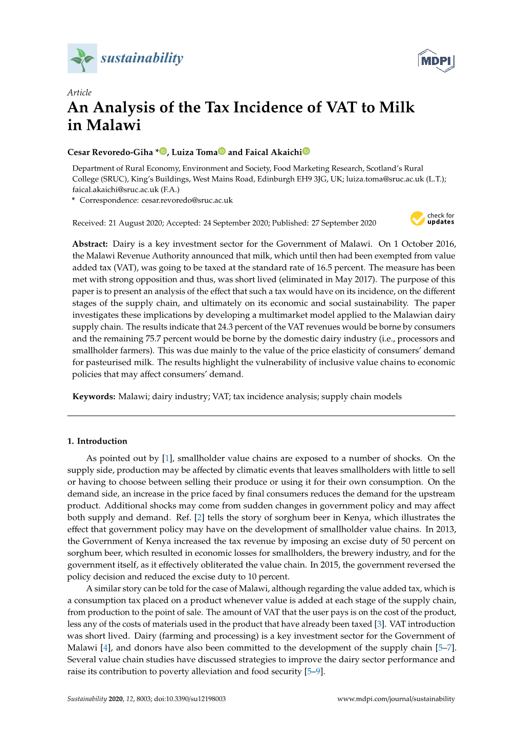 An Analysis of the Tax Incidence of VAT to Milk in Malawi