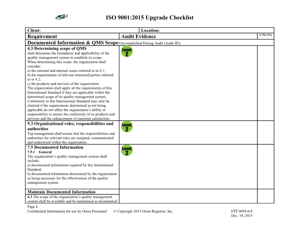 ISO 9001:2015 Upgrade Checklist