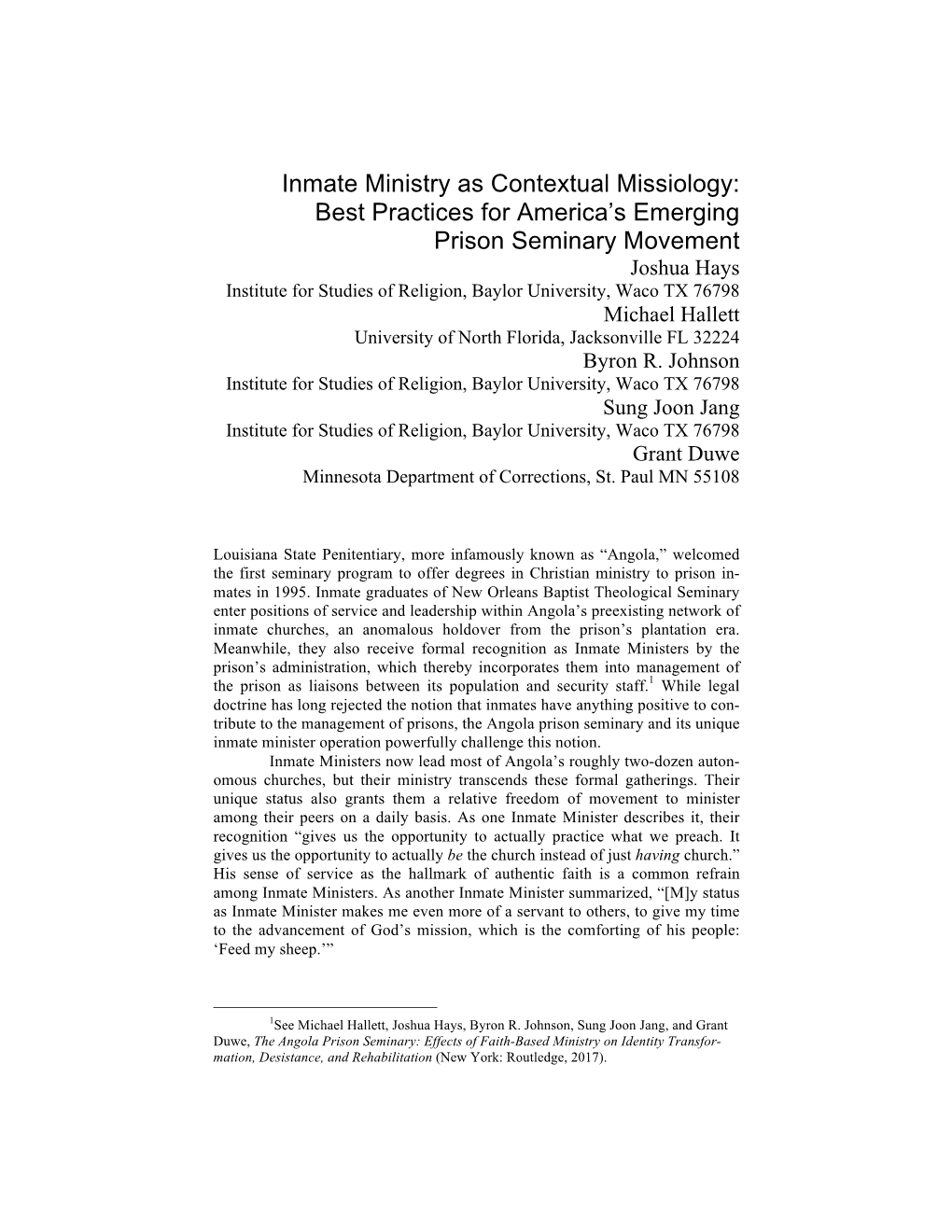 Inmate Ministry As Contextual Missiology