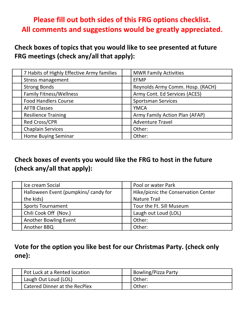 Please Fill out Both Sides of This FRG Options Checklist. All Comments and Suggestions