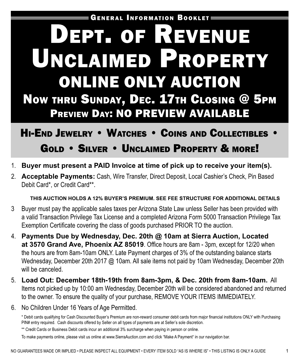 Dept. of Revenue Unclaimed Property ONLINE ONLY AUCTION Now Thru Sunday, Dec