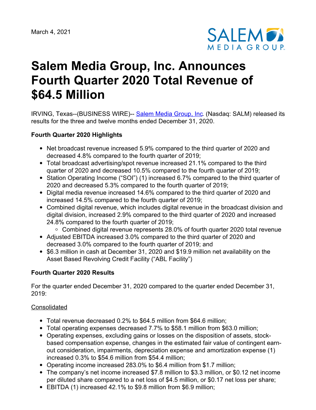 Salem Media Group, Inc. Announces Fourth Quarter 2020 Total Revenue of $64.5 Million