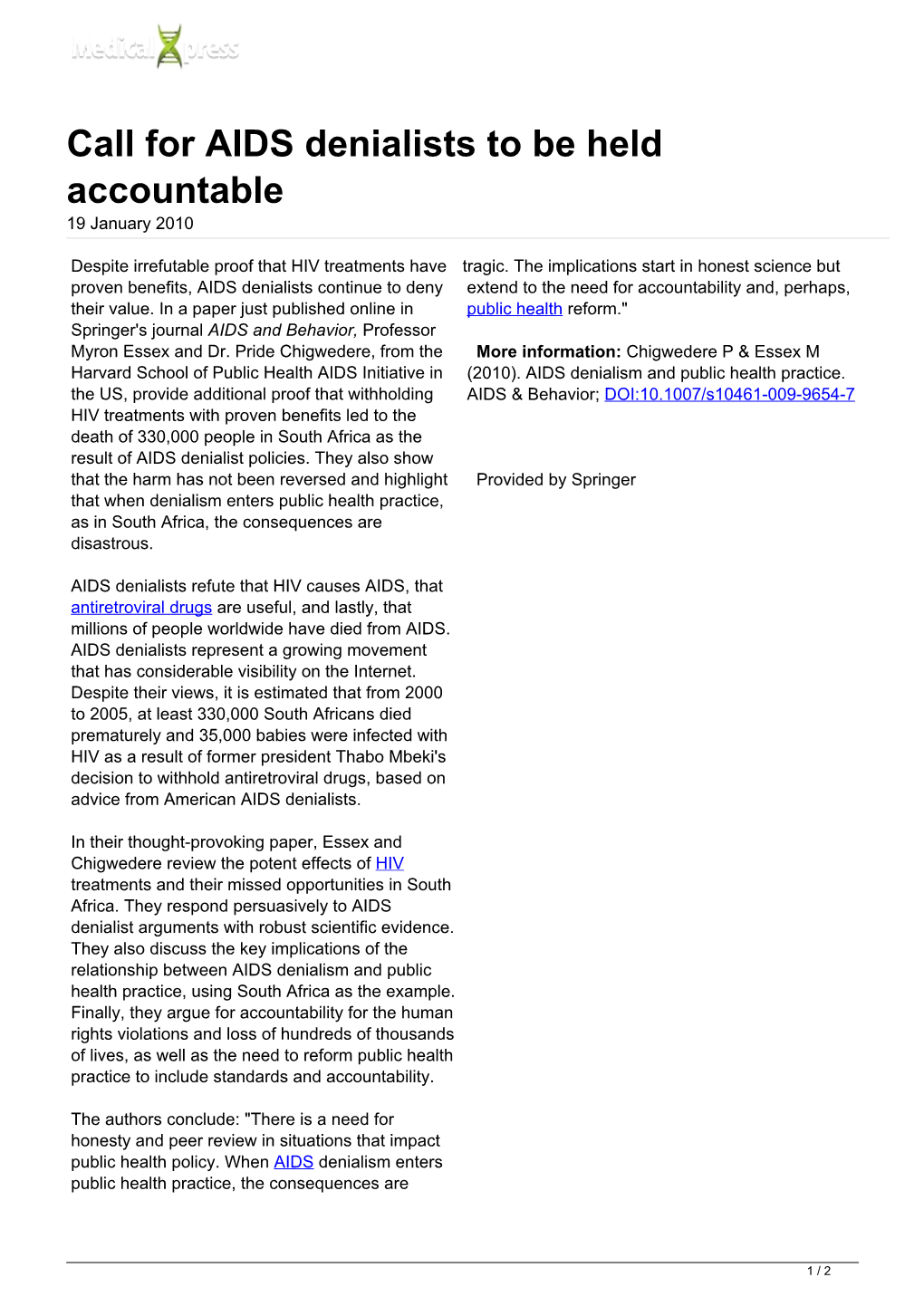 Call for AIDS Denialists to Be Held Accountable 19 January 2010