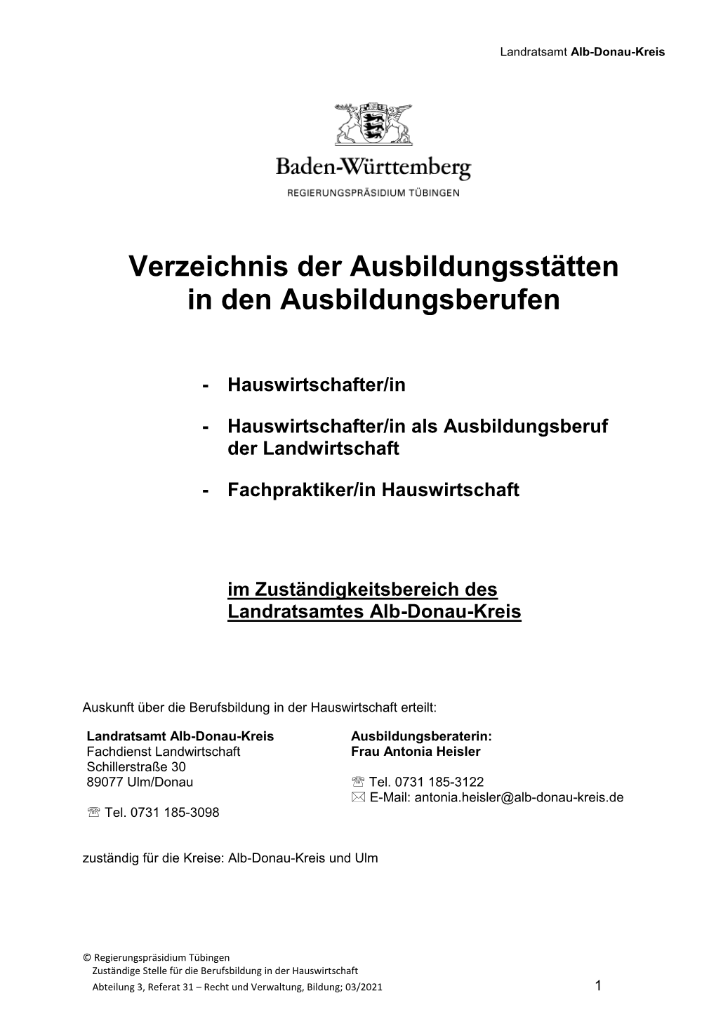 Verzeichnis Der Ausbildungsstätten in Den Ausbildungsberufen