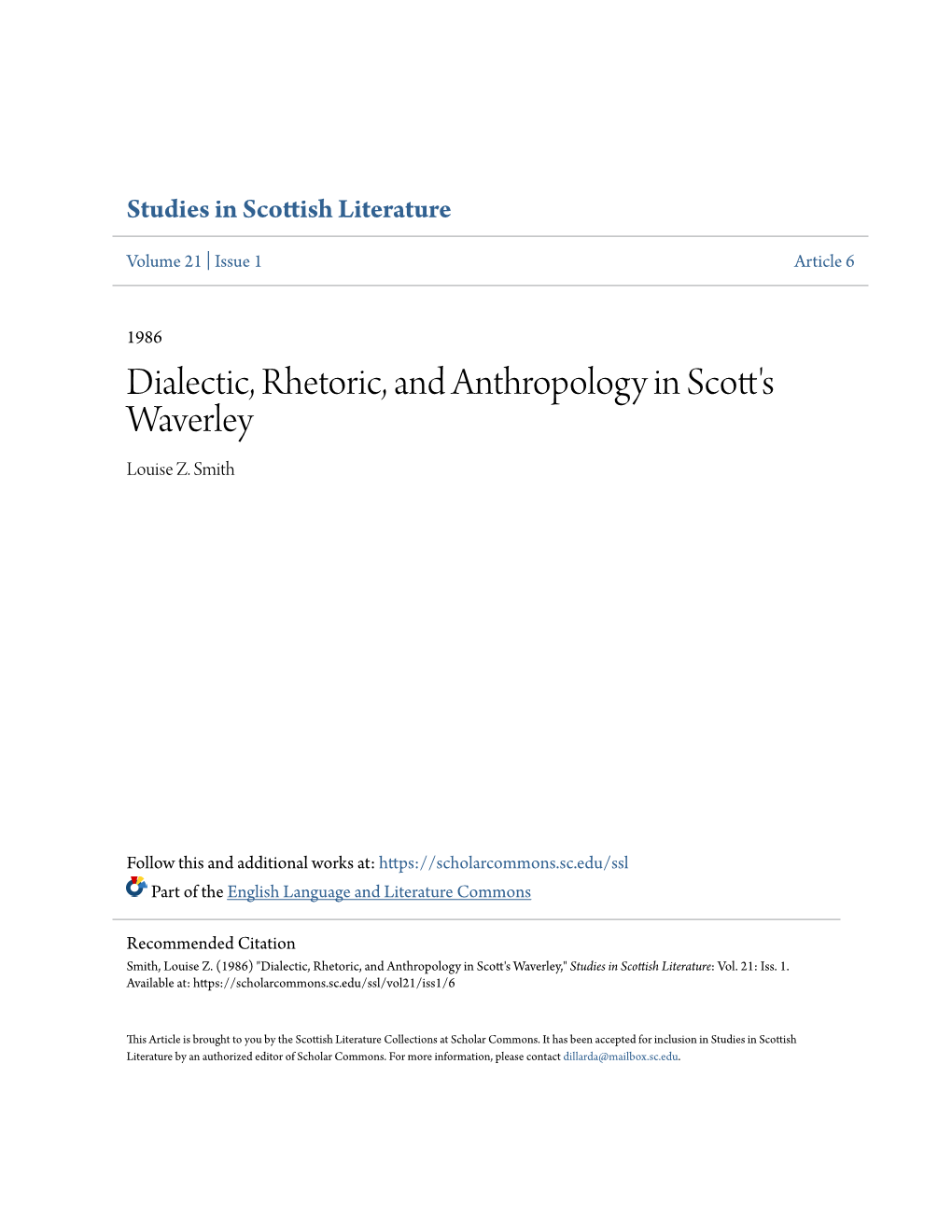 Dialectic, Rhetoric, and Anthropology in Scott's Waverley Louise Z