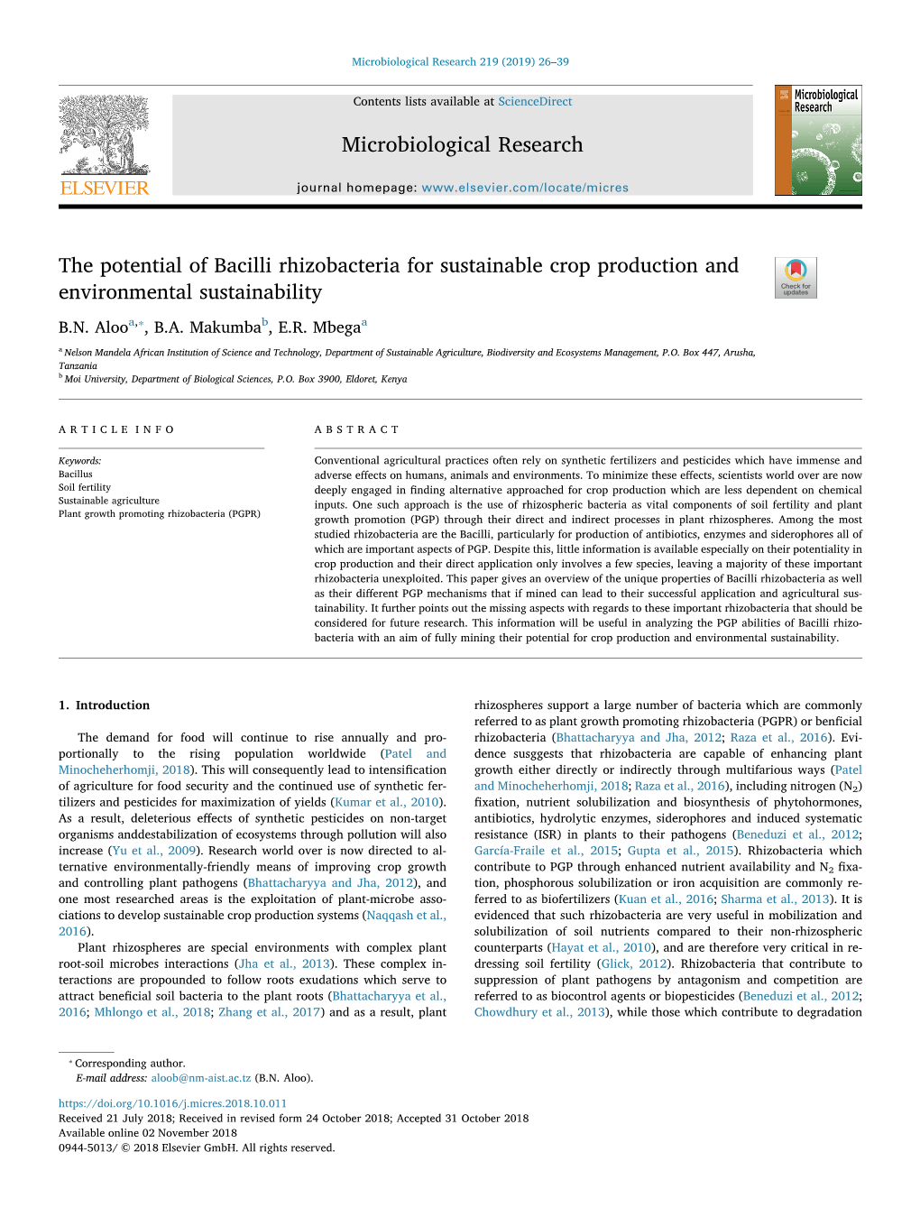 The Potential of Bacilli Rhizobacteria for Sustainable Crop Production and Environmental Sustainability T ⁎ B.N