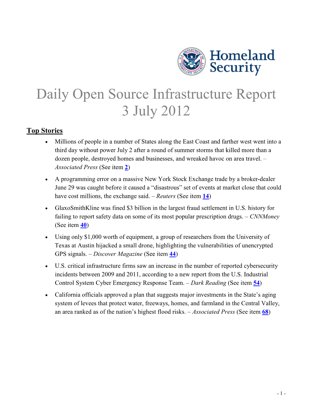 Department of Homeland Security Daily Open Source Infrastructure