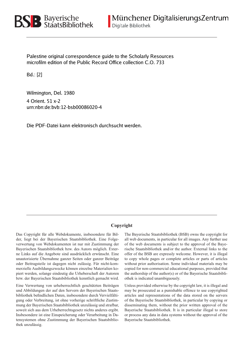 Copyright Palestine Original Correspondence Guide to the Scholarly Resources Microfilm Edition of the Public Record Office Colle