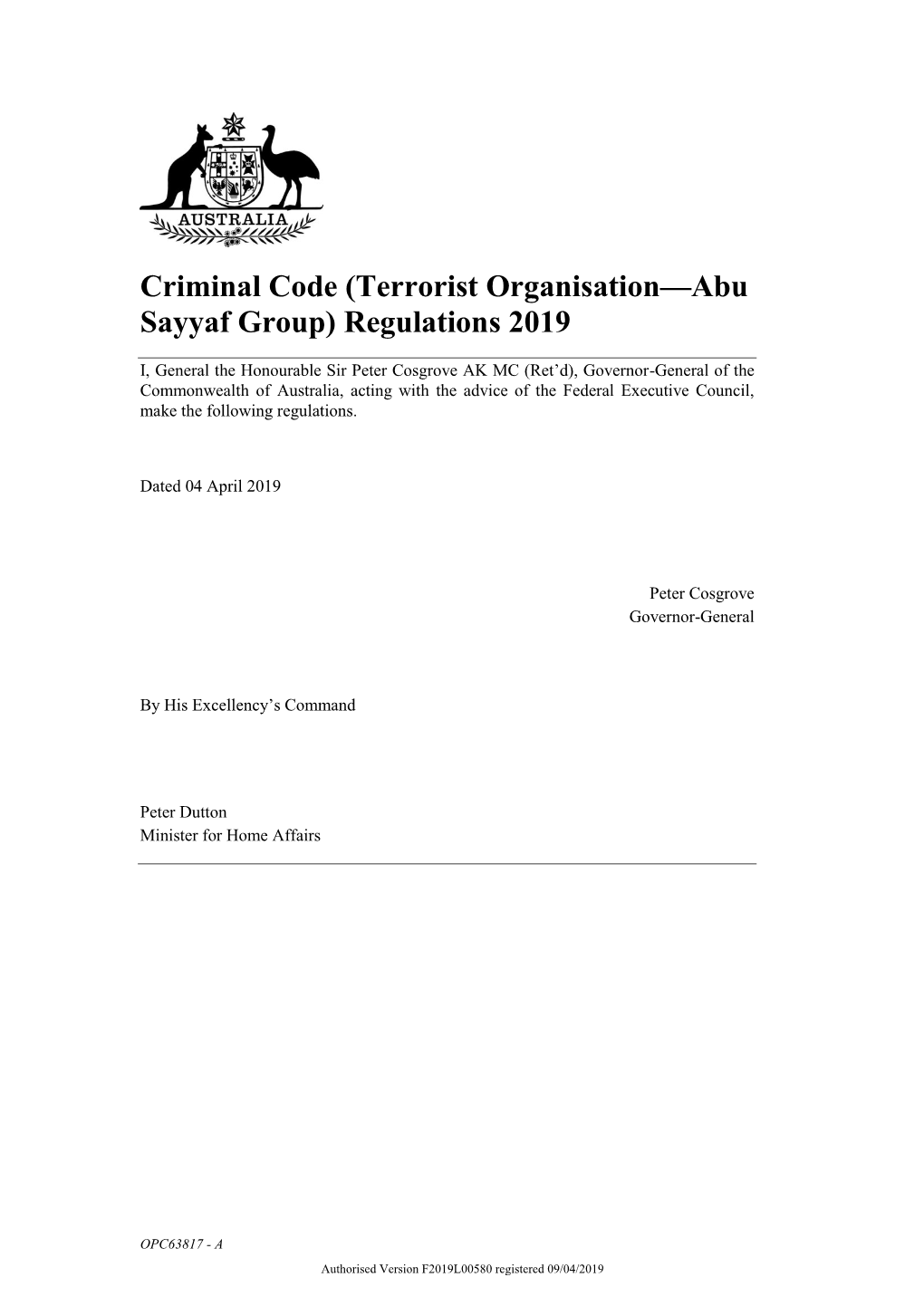 (Terrorist Organisation—Abu Sayyaf Group) Regulations 2019