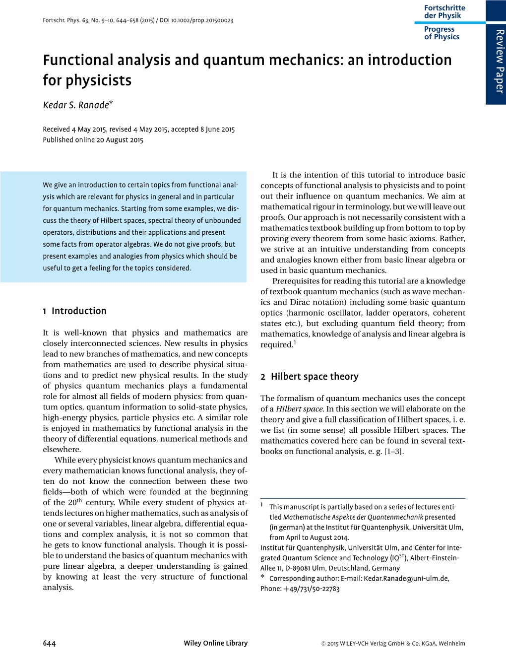 Functional Analysis and Quantum Mechanics: an Introduction for Physicists Kedar S