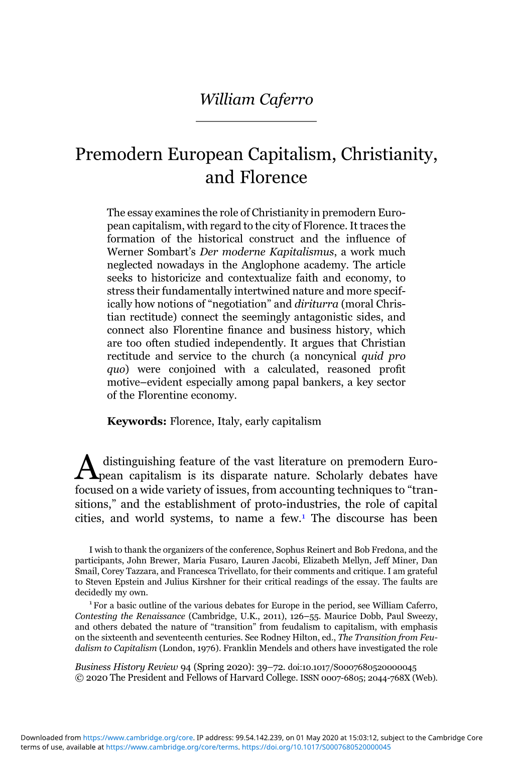 Premodern European Capitalism, Christianity, and Florence