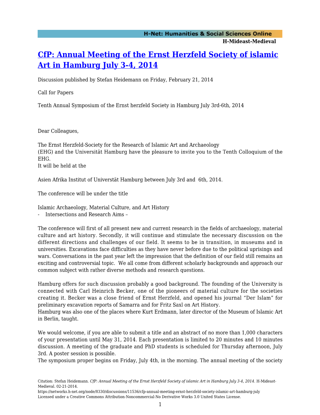 Annual Meeting of the Ernst Herzfeld Society of Islamic Art in Hamburg July 3-4, 2014