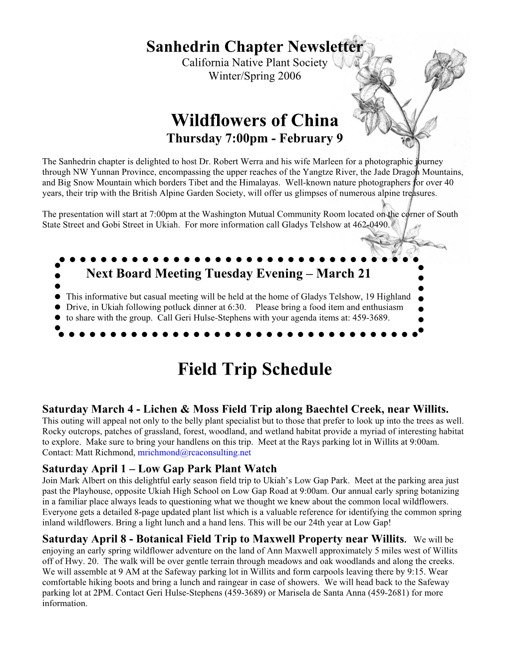 Wildflowers of China Field Trip Schedule