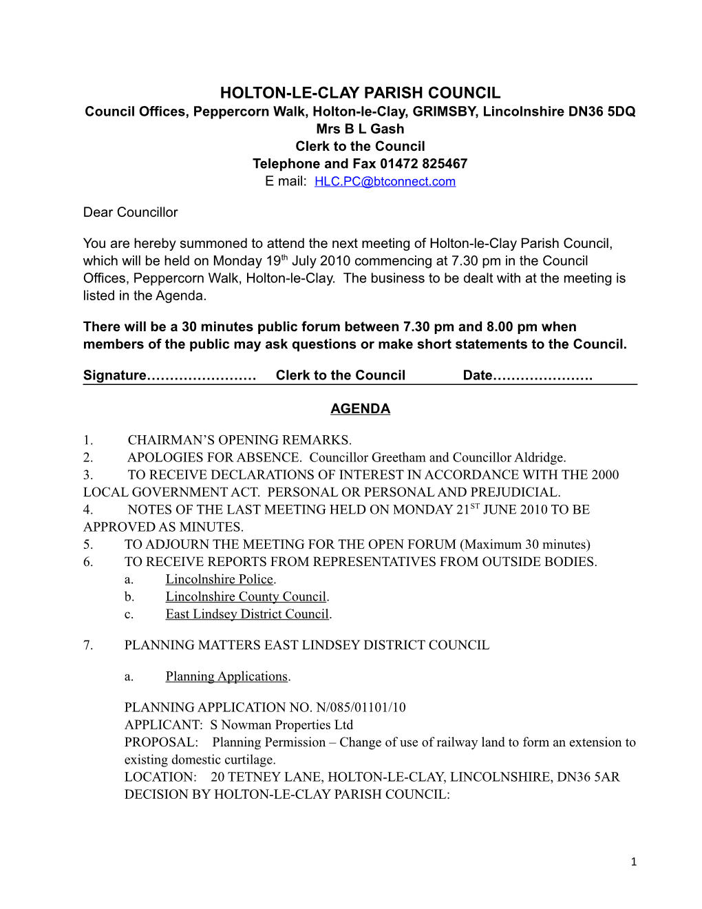 Holton Le Clay Parish Council Full Meeting to Be Held on Monday 15Th September 2008 Council s3