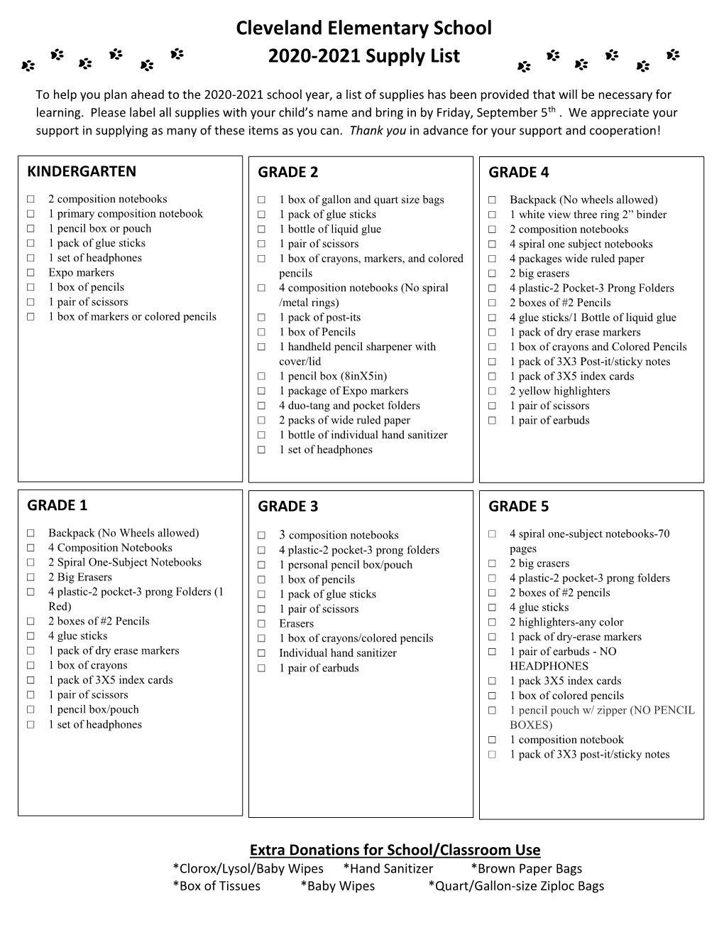 Cleveland Elementary School 2020-2021 Supply List