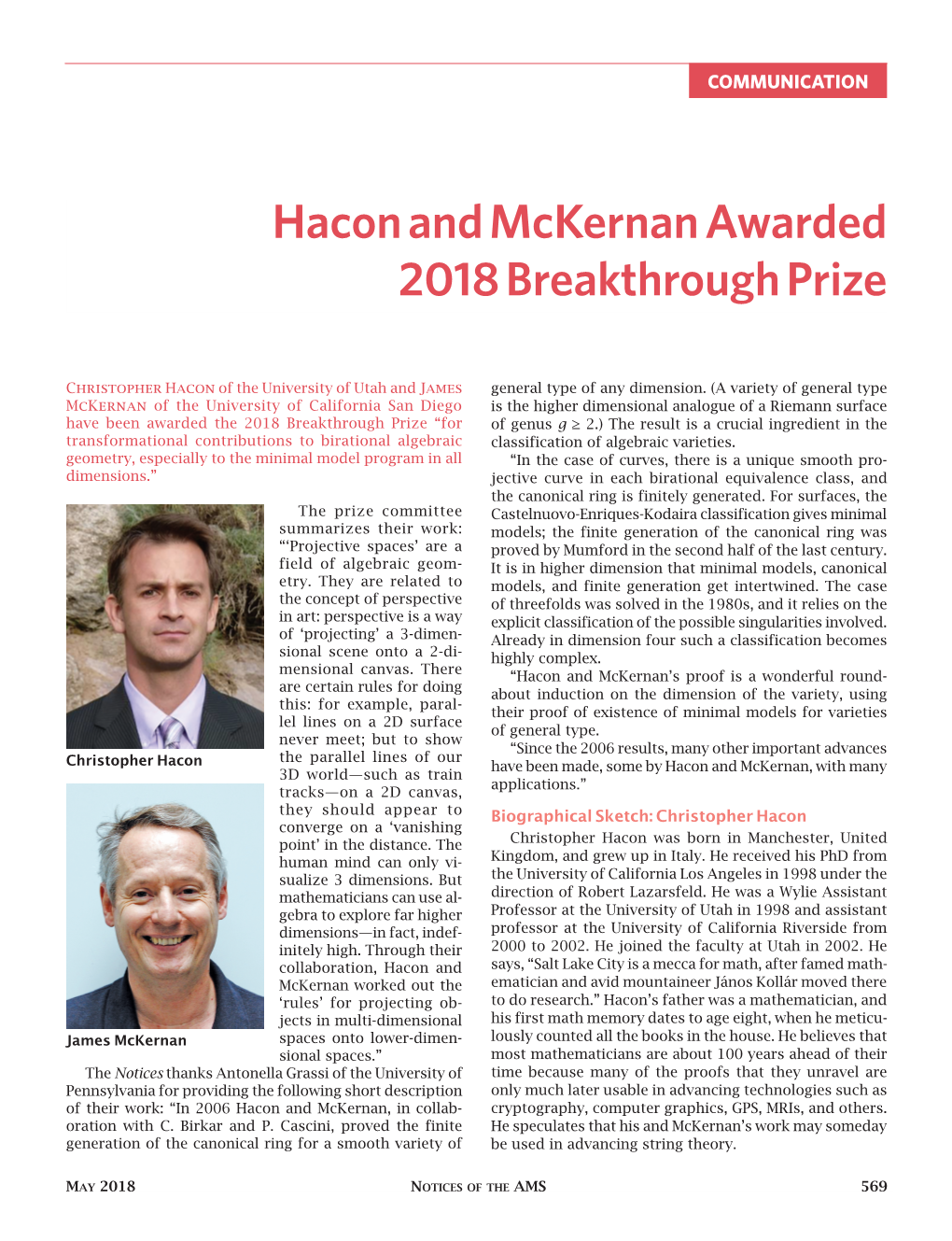 Hacon and Mckernan Awarded 2018 Breakthrough Prize