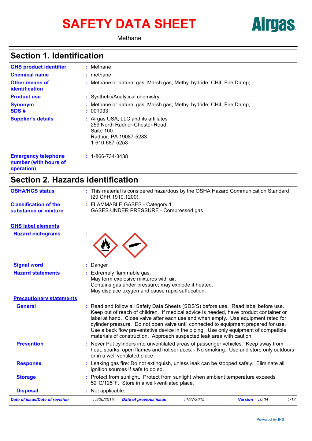 SAFETY DATA SHEET Methane