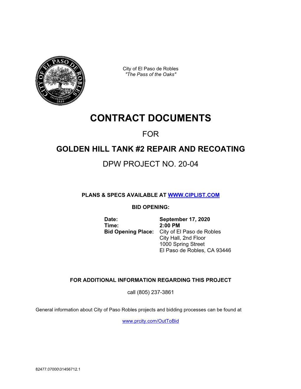 Contract Documents for Golden Hill Tank #2 Repair and Recoating Dpw Project No