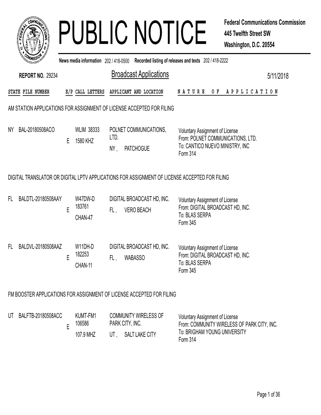 Broadcast Applications 5/11/2018