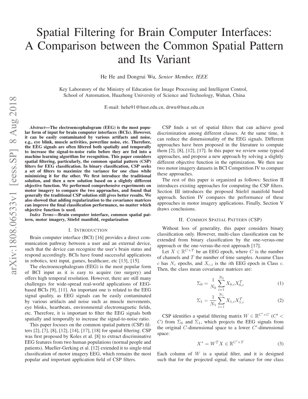 Spatial Filtering for Brain Computer Interfaces