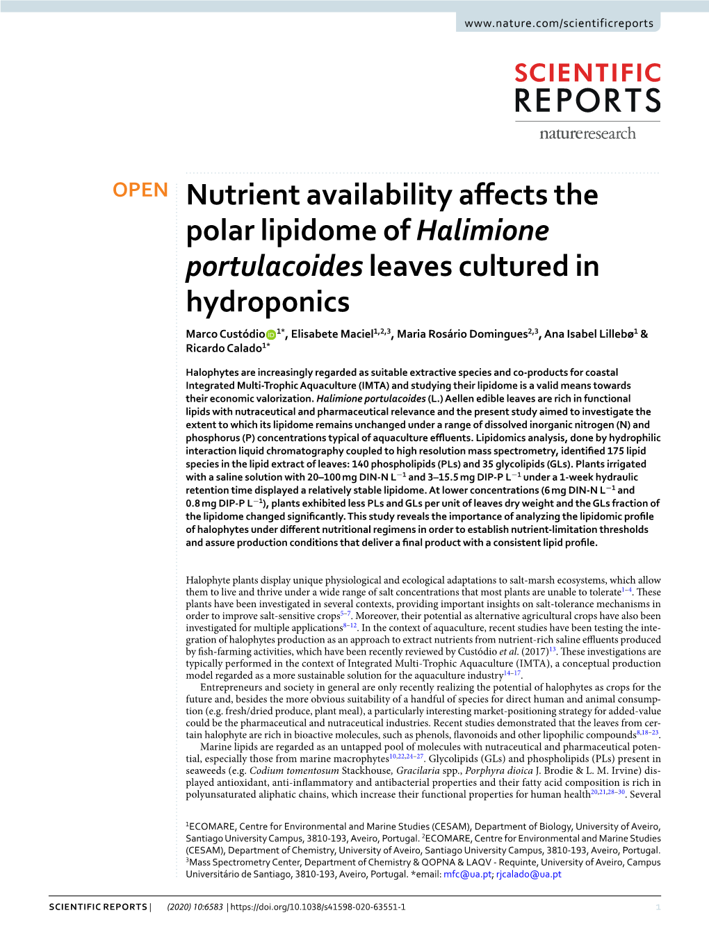 Nutrient Availability Affects the Polar Lipidome of Halimione