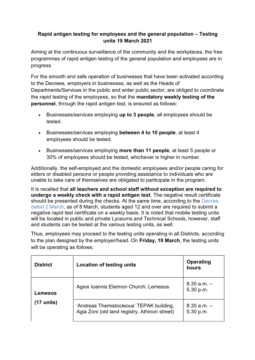 Rapid Antigen Testing for Employees and the General Population – Testing Units 19 March 2021 Aiming at the Continuous Surveill
