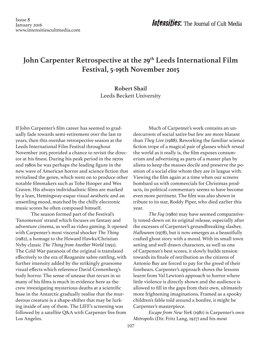 John Carpenter Retrospective at the 29Th Leeds International Film Festival, 5-19Th November 2015