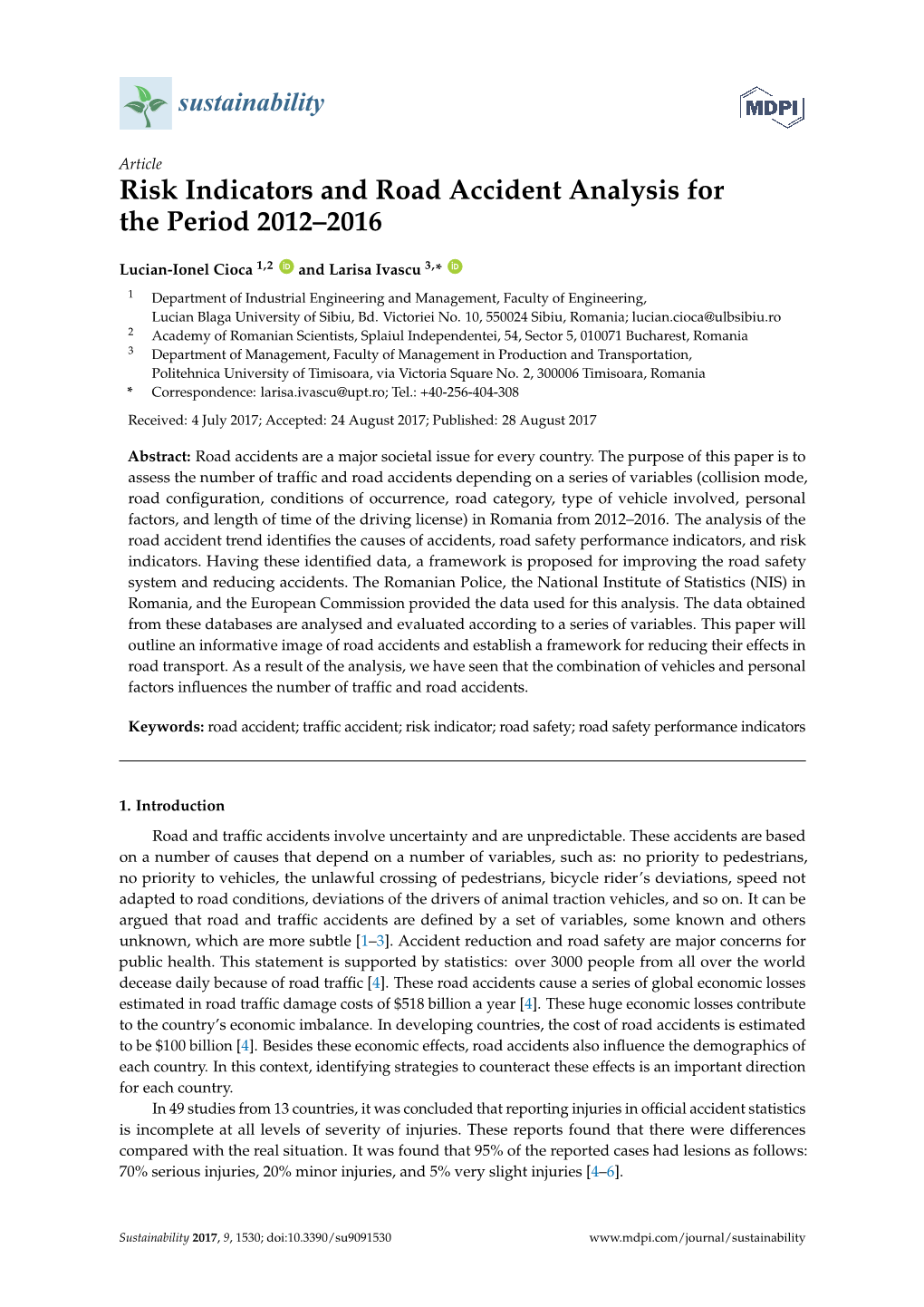 Risk Indicators and Road Accident Analysis for the Period 2012–2016