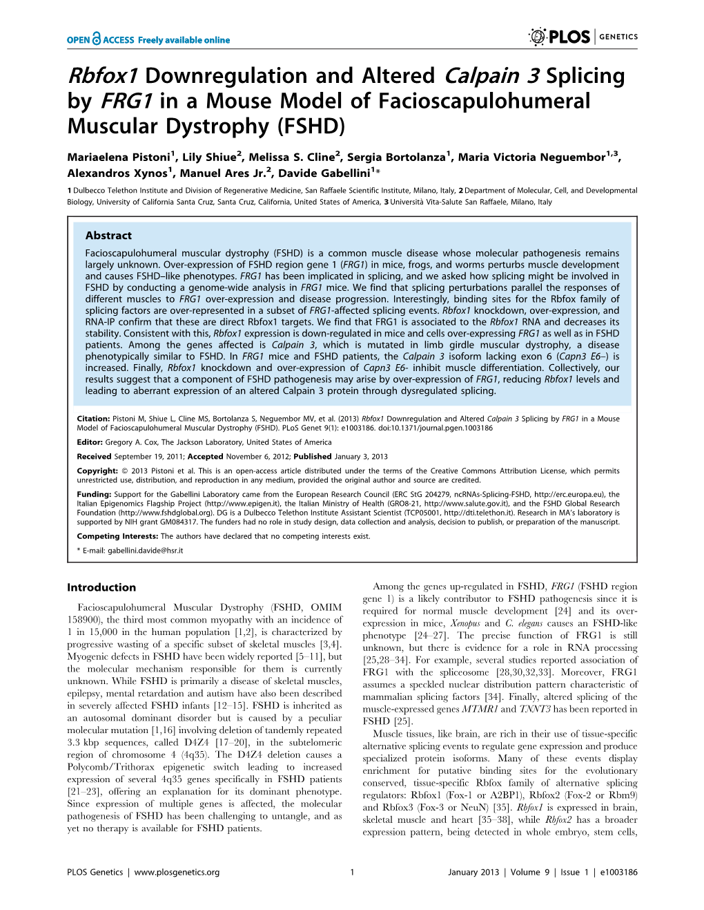 Rbfox1 Downregulation and Altered Calpain 3 Splicing by FRG1 in a Mouse Model of Facioscapulohumeral Muscular Dystrophy (FSHD)