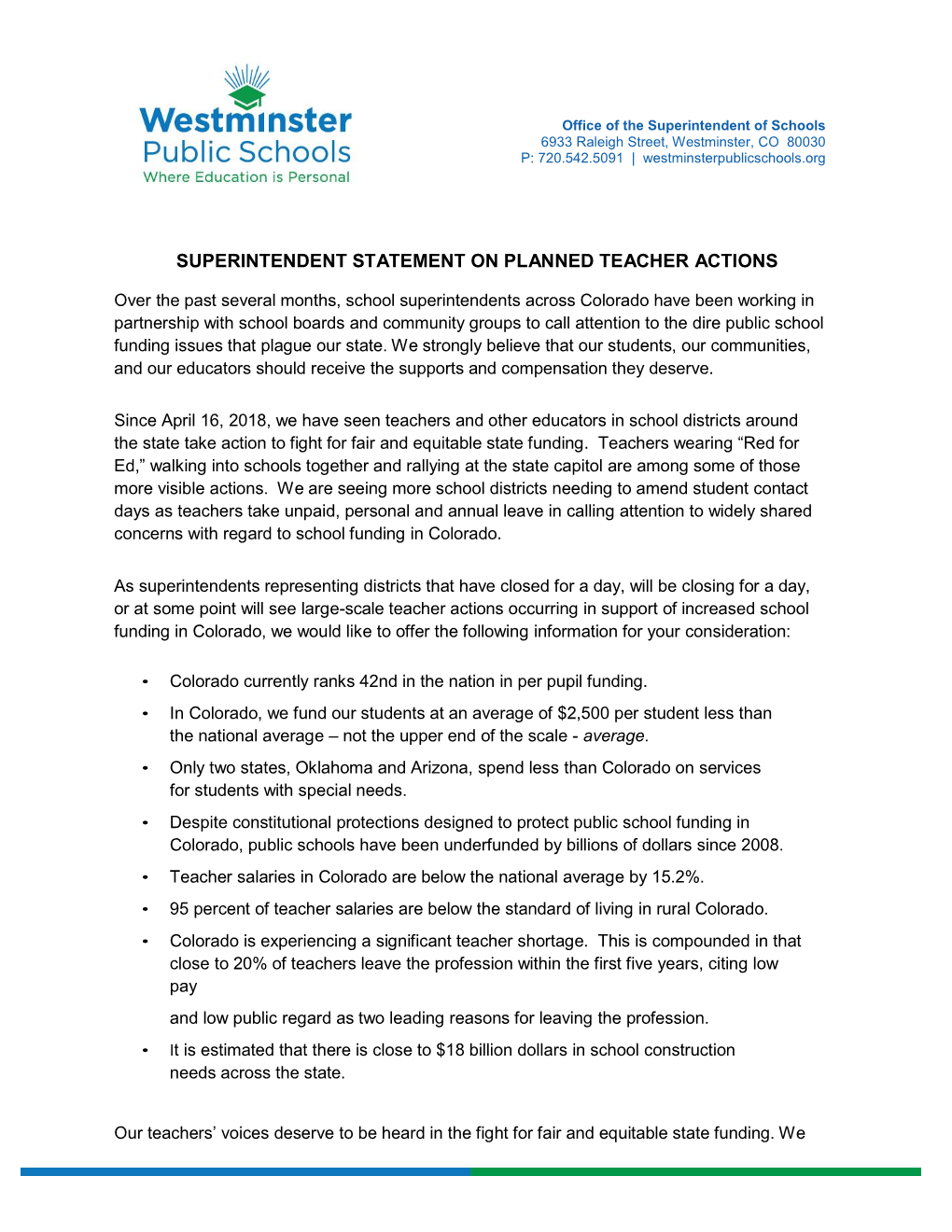 Superintendent Statement on Planned Teacher Actions