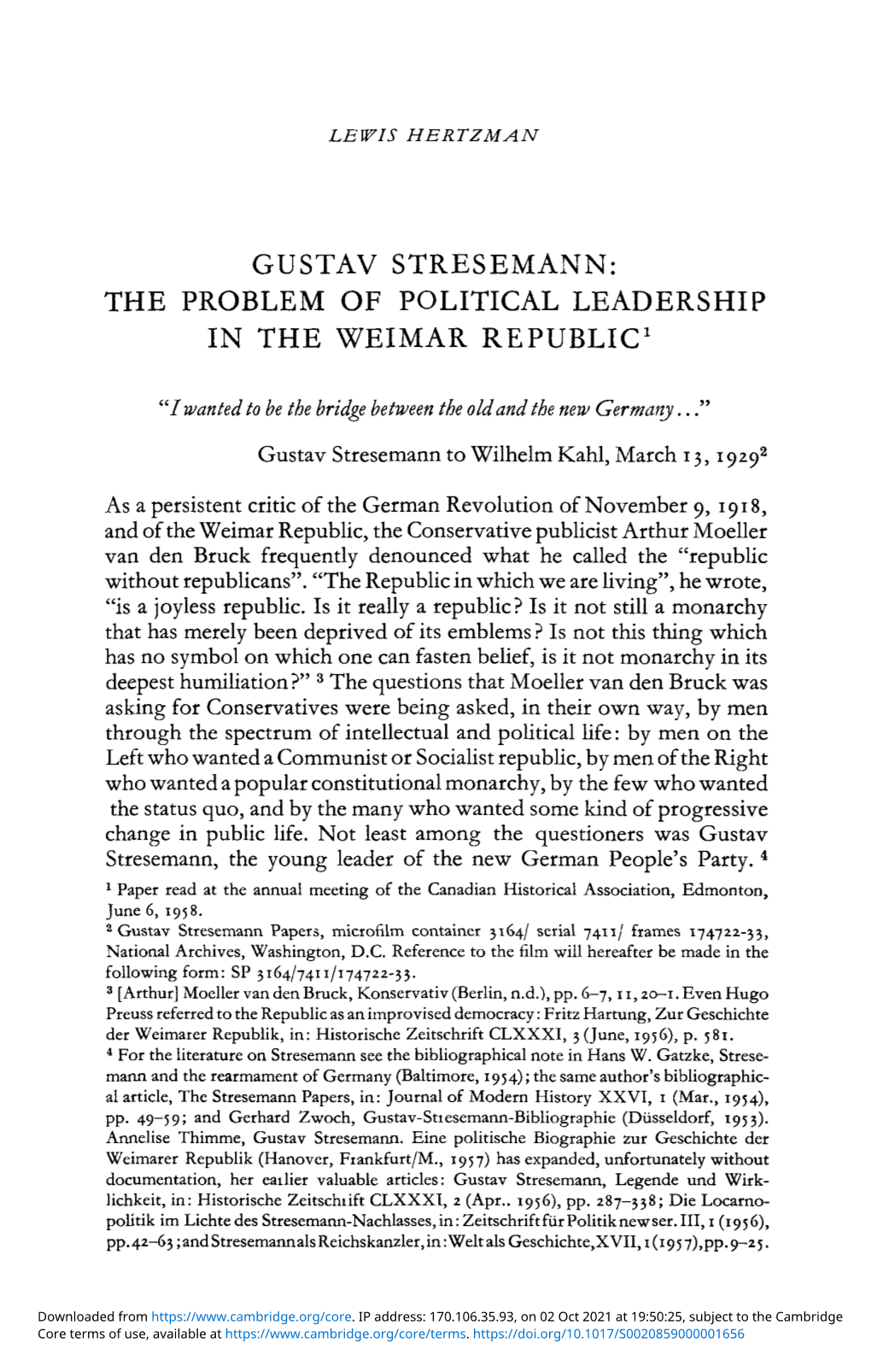 Gustav Stresemann: the Problem of Political Leadership in the Weimar Republic1