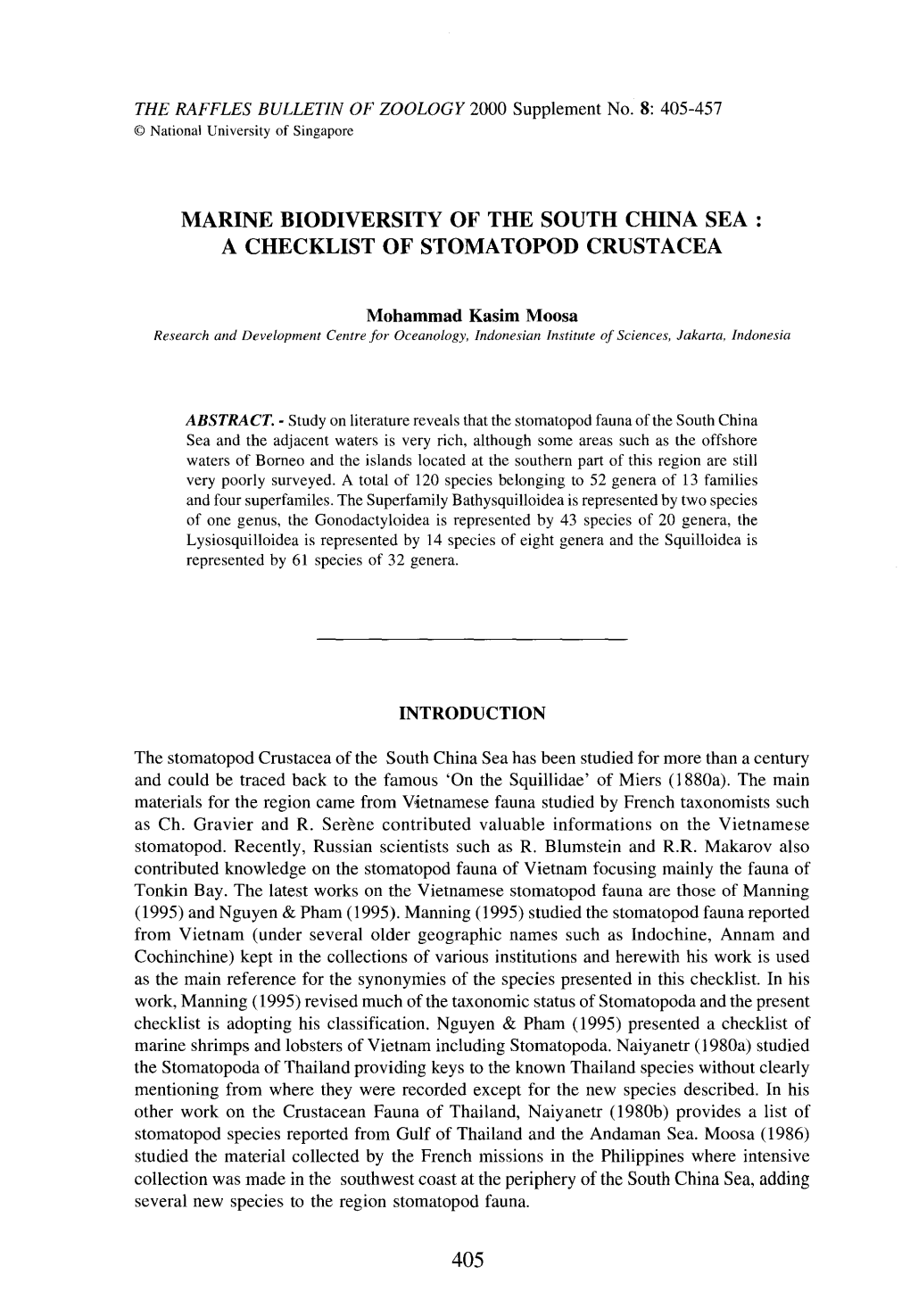 Marine Biodiversity of the South China Sea a Checklist of Stomatopod Crustacea