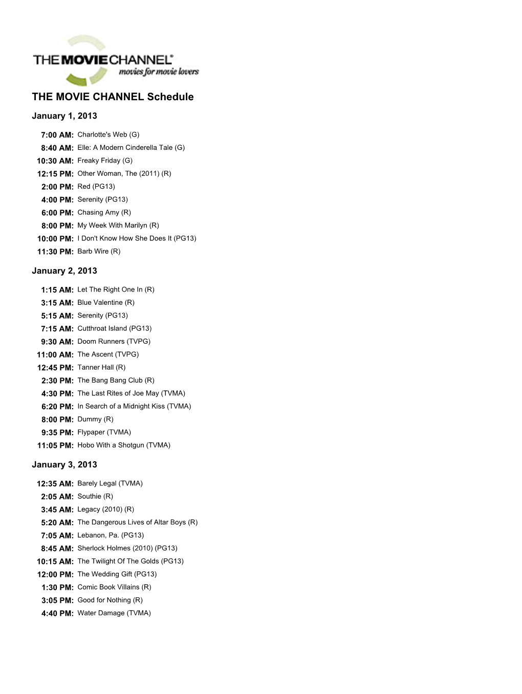 THE MOVIE CHANNEL Schedule